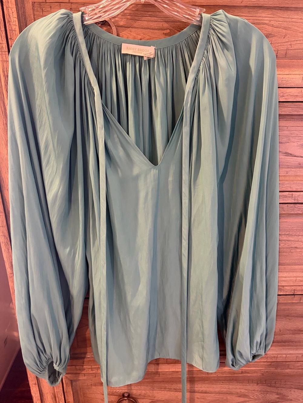 Ramy Brook Sage Green V-Neck Peasant Blouse with Ties